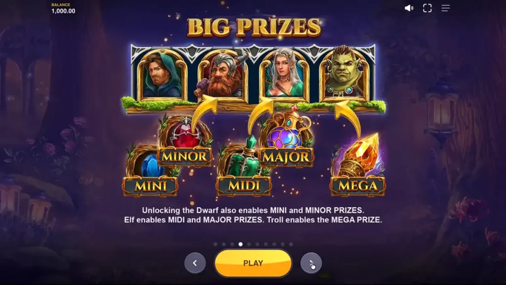 Pemandangan hutan mistis dengan karakter fantasi di slot Land of Riches