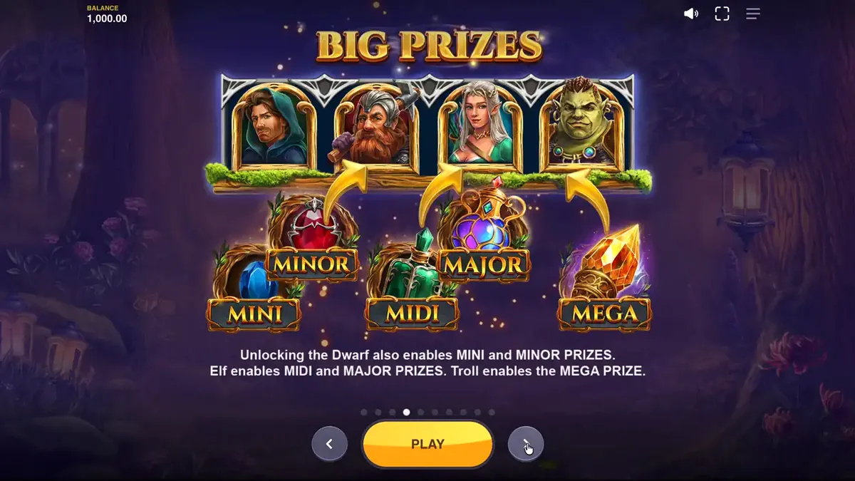 Pemandangan hutan mistis dengan karakter fantasi di slot Land of Riches