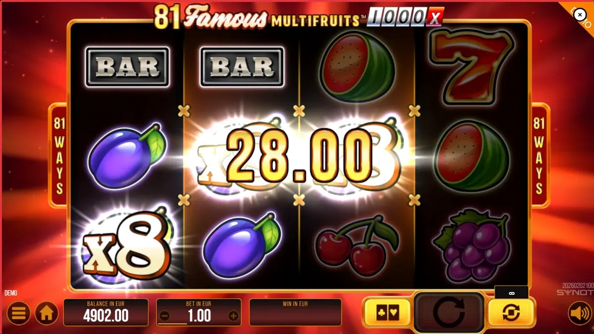 Tampilan visual slot 81 Famous Multifruits 1000 dengan simbol buah klasik dan neon