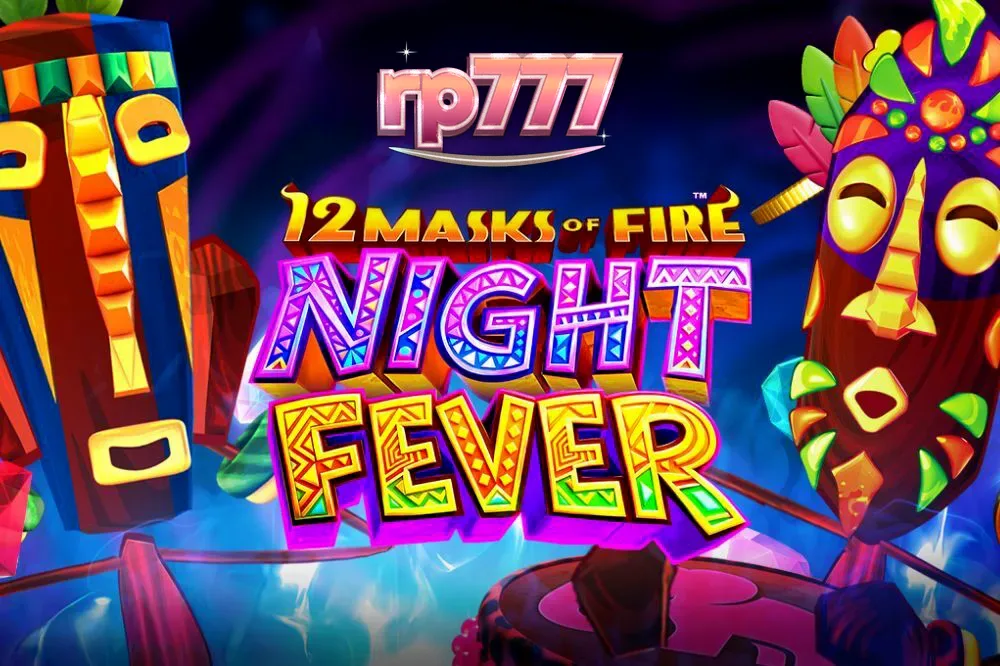 Tampilan layar permainan slot 12 Masks of Fire: Night Fever dengan tema pesta neon dan simbol masker api.